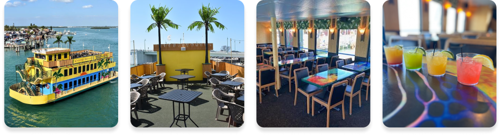 Yellow ferry with palm decor, rooftop seating, indoor dining, and colorful drinks.