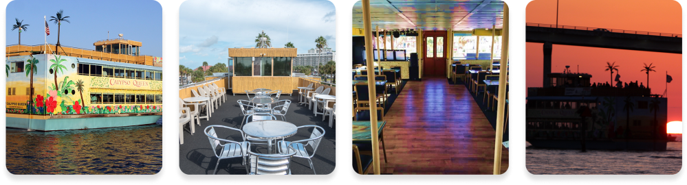 Four images of a tropical-themed riverboat with outdoor deck, interior seating, and sunset silhouette.