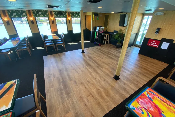 a room filled with furniture and a table