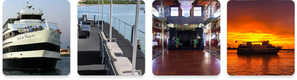 Four images of a cruise ship: exterior, deck, interior, and sunset view.