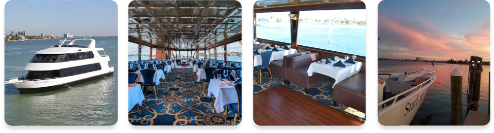 Four images: yacht on water, elegant dining room, tables by window, sunset view from a dock.