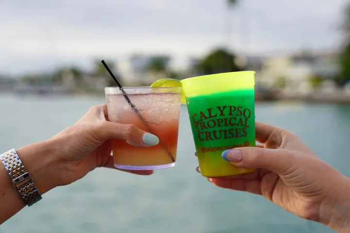Two hands holding tropical drinks with a water background.