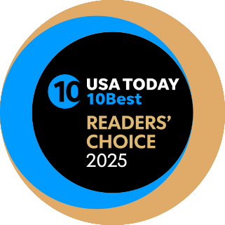USA Today 10Best Readers' Choice 2025 logo with blue and gold circles.