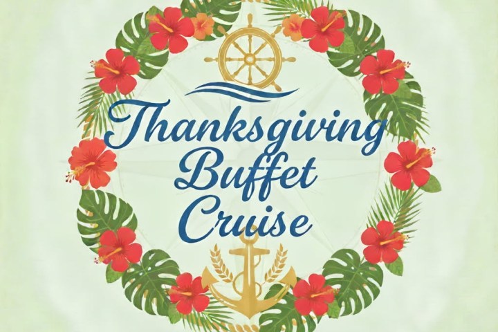 Decorative wreath with flowers, wheel, and text 'Thanksgiving Buffet Cruise, Madeira Beach' on a light background.