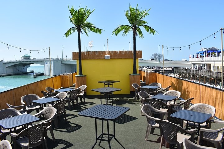 Rooftop patio with tables, chairs, fake palm trees, ocean view, and string lights on a sunny day.