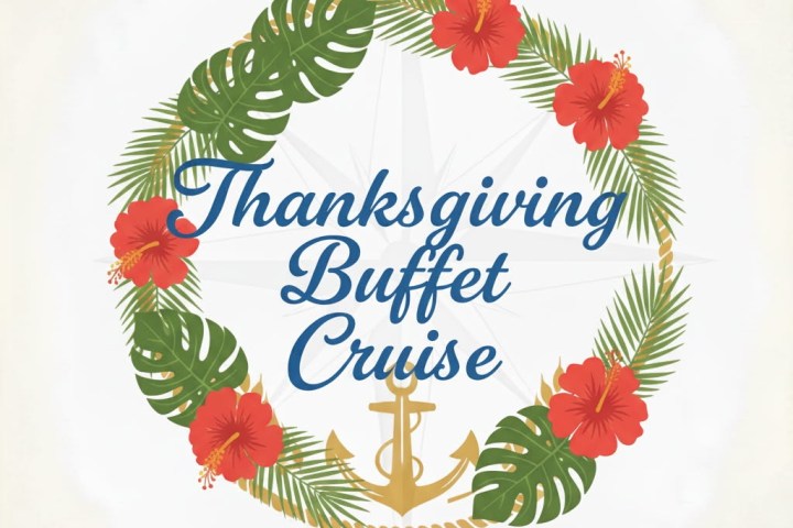 Wreath with red hibiscus and leaves, text 'Thanksgiving Buffet Cruise Clearwater' in center, with anchor.