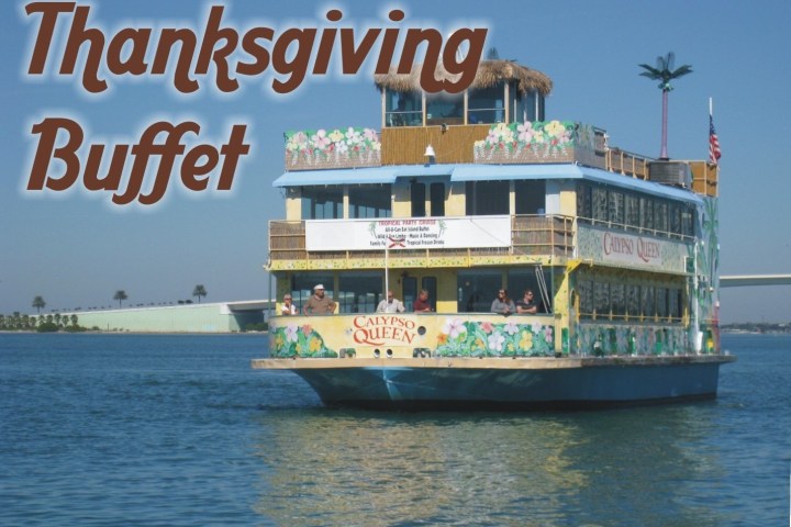 Tour boat on water with floral decor, text 'Thanksgiving Buffet' above.