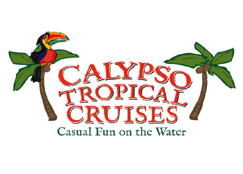 Logo with toucan on palm trees, text 'Calypso Tropical Cruises: Casual Fun on the Water'.
