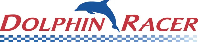 Dolphin silhouette above 'Dolphin Racer' text with red letters and blue checkered line below.