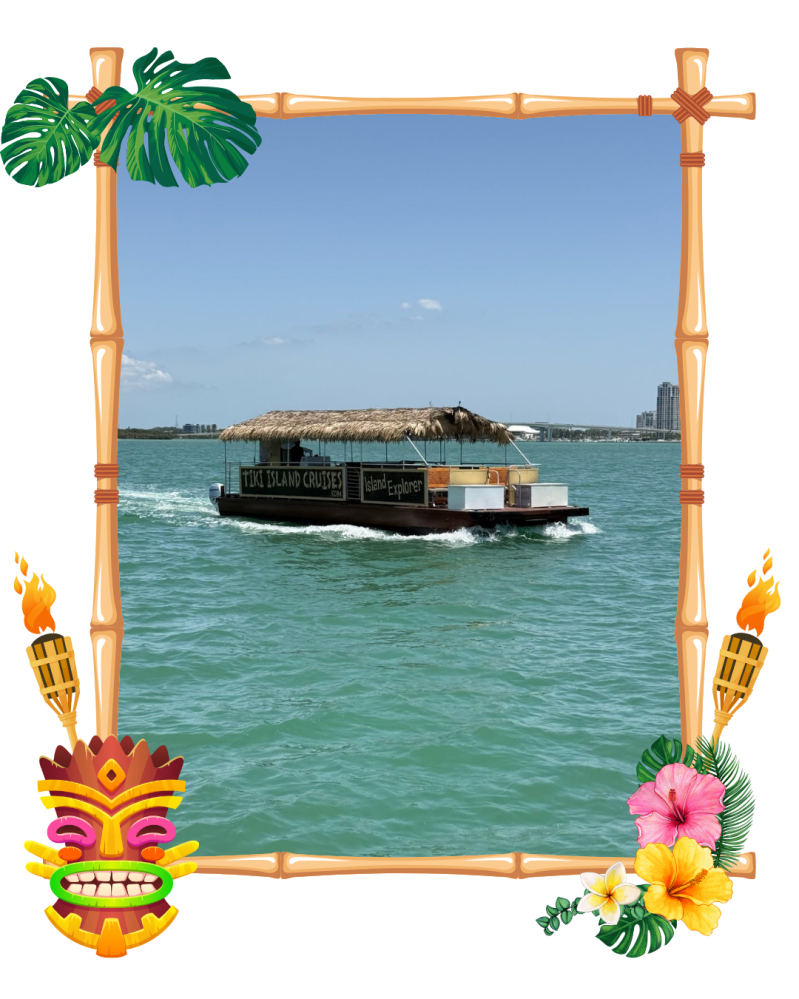 Tiki-themed boat on ocean, framed by bamboo with tiki mask, torches, and tropical flowers.