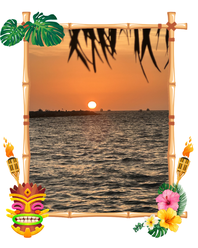 Sunset over ocean with palm leaves and tiki-themed frame.