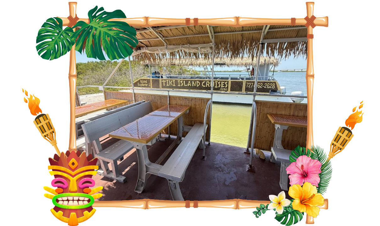 Tiki-themed boat with benches, bamboo roof, and festive tropical decorations docked by the water.
