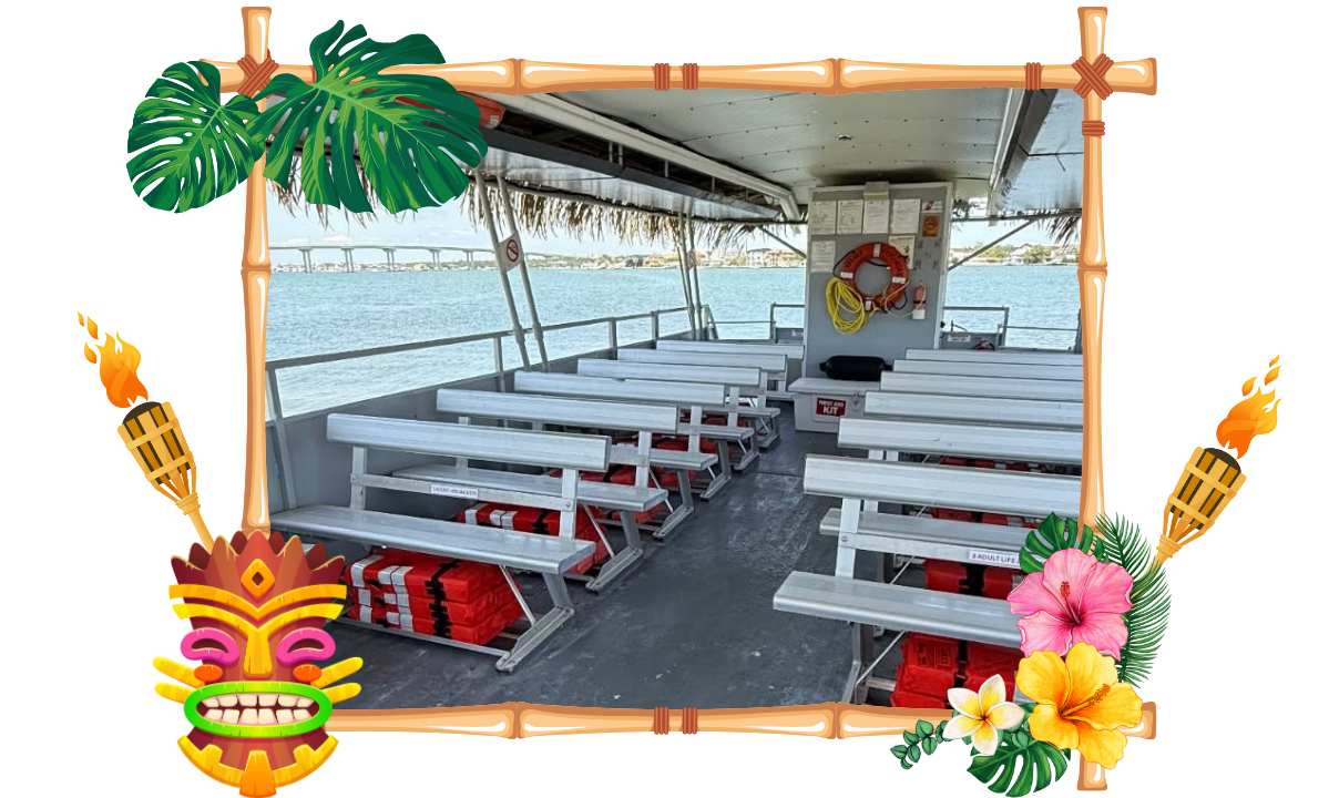 Empty boat interior with white benches and life vests, framed by tiki-themed decorations.