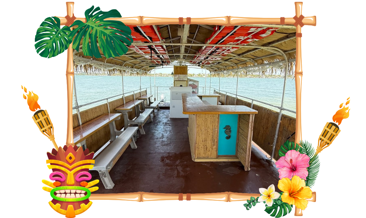 Open-air boat with benches, a bar, and tiki decorations, surrounded by water.