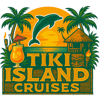 Logo with dolphin, tiki hut, palm trees, cocktail, and text 'Tiki Island Cruises' on a tropical sunset background.