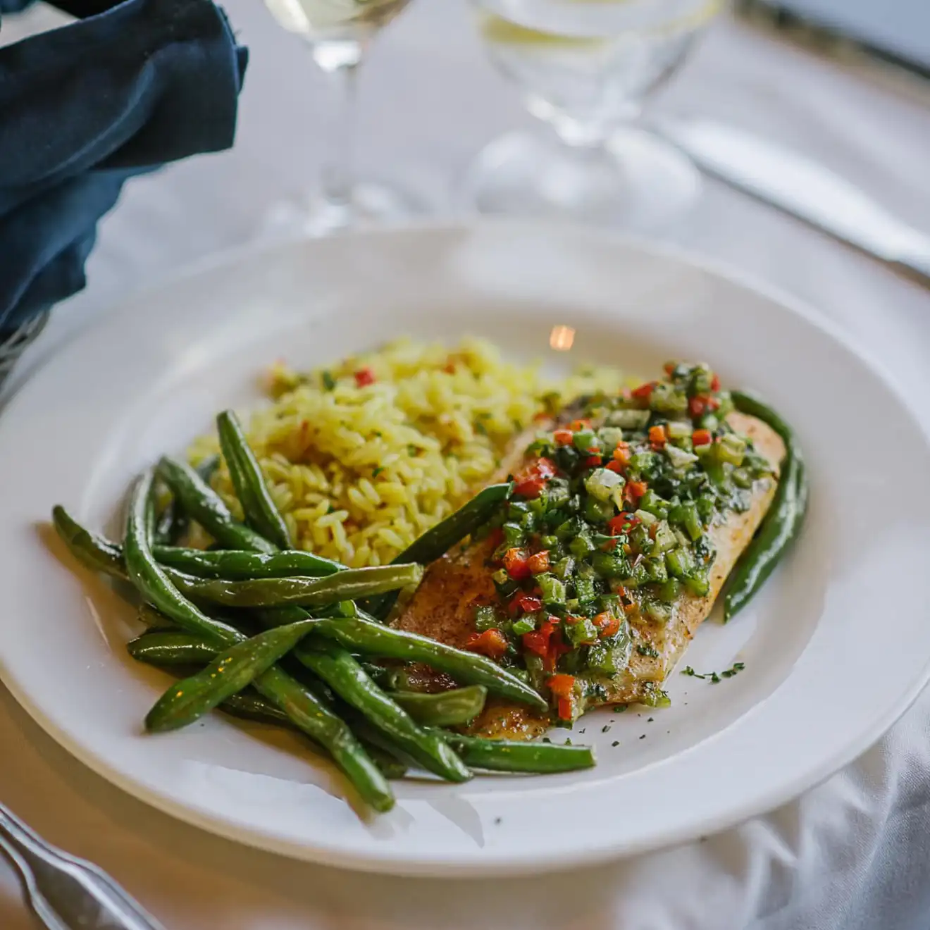Salmon with herbs, green beans, and rice on a white plate with wine glasses in the background.