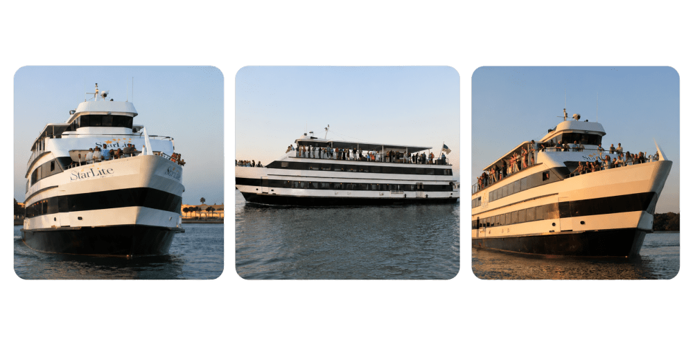 Four images: yacht on water, elegant dining room, tables by window, sunset view from a dock.