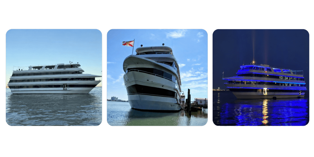 Four images of a cruise ship: exterior, deck, interior, and sunset view.