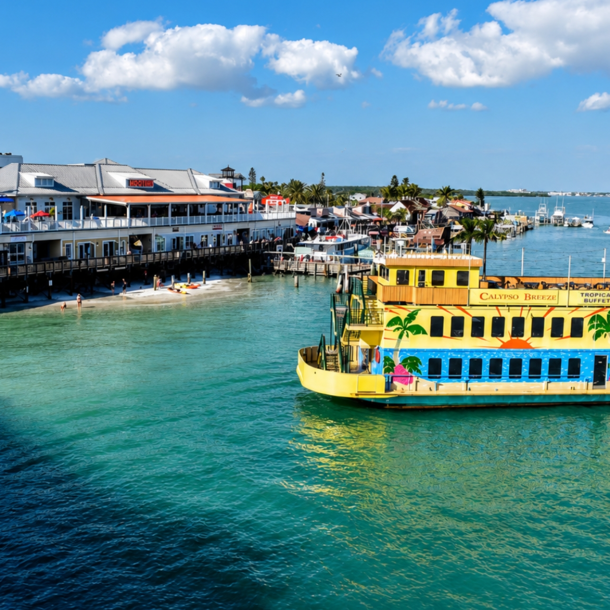 Yellow ferry near dock with buildings and people on beach.