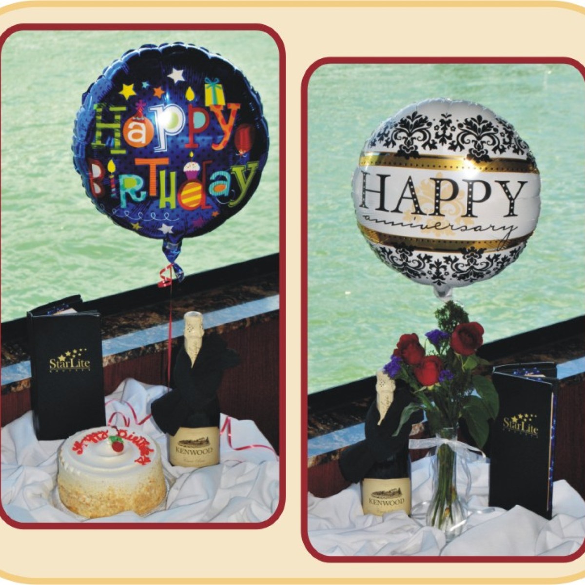 Birthday and anniversary balloons with cake and champagne on a table.