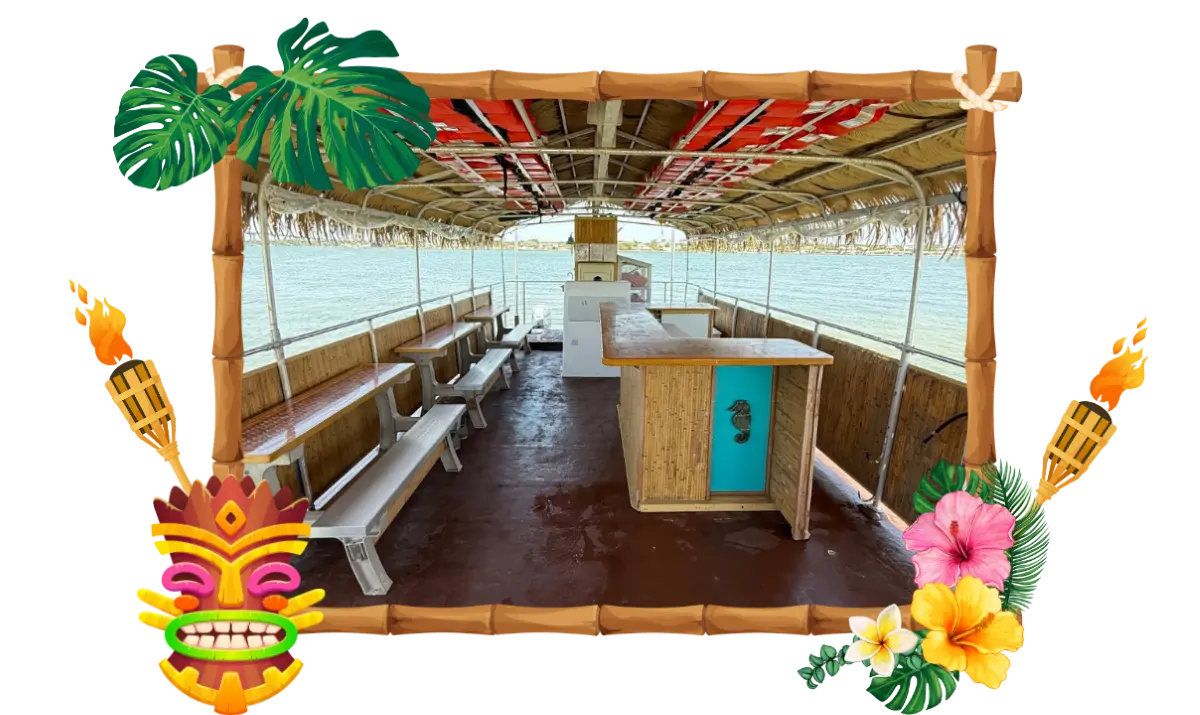 Tropical-themed boat interior with benches and tiki decorations.